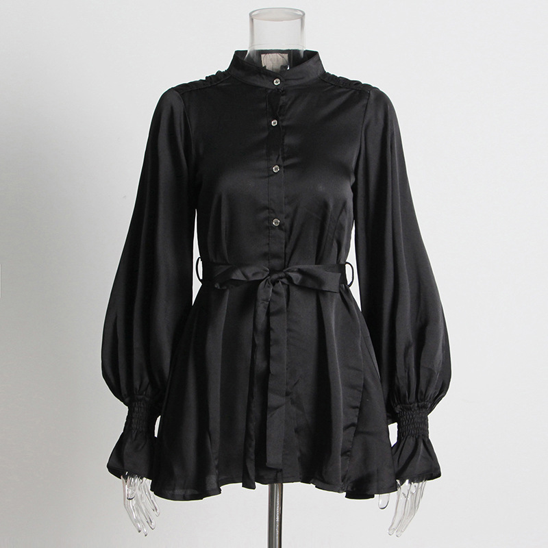 Stand-Up Collar Single-Breasted Tied Waist Shirt
