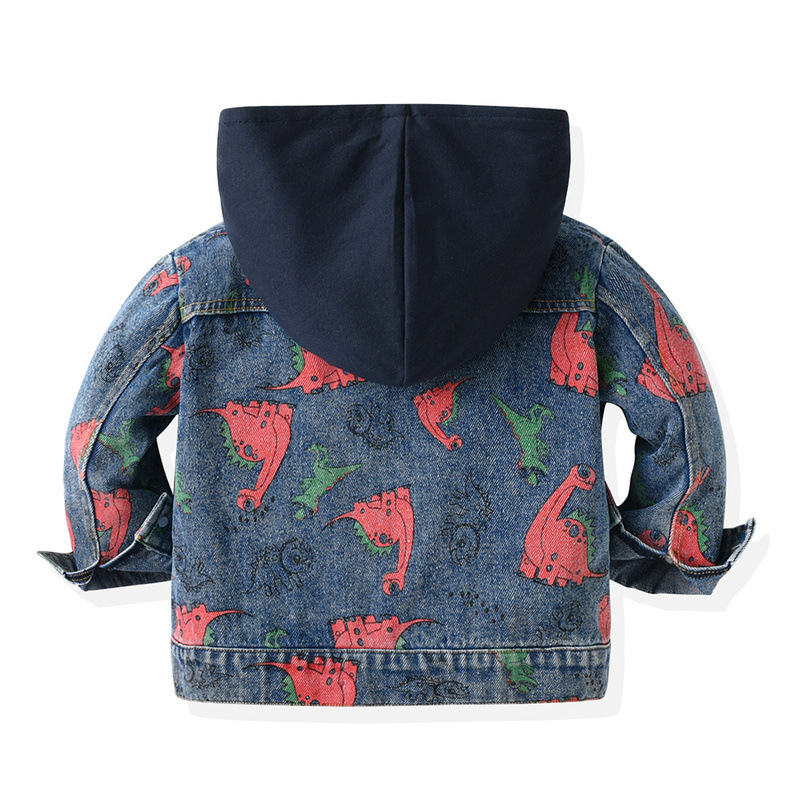 Long-Sleeved Dinosaur Print Denim Hooded Jacket