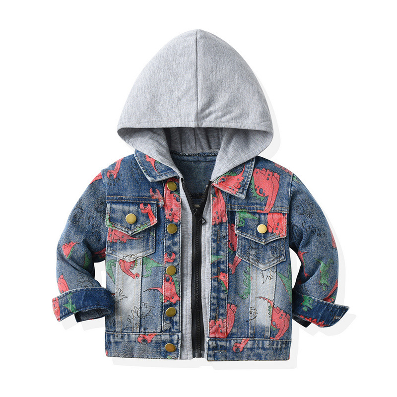 Long-Sleeved Dinosaur Print Denim Hooded Jacket