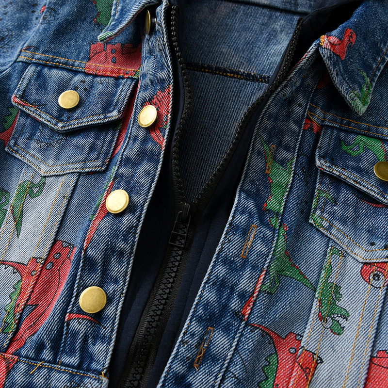 Long-Sleeved Dinosaur Print Denim Hooded Jacket