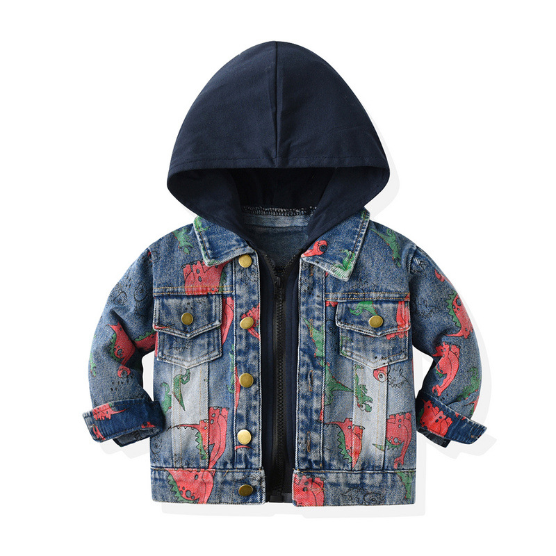Long-Sleeved Dinosaur Print Denim Hooded Jacket