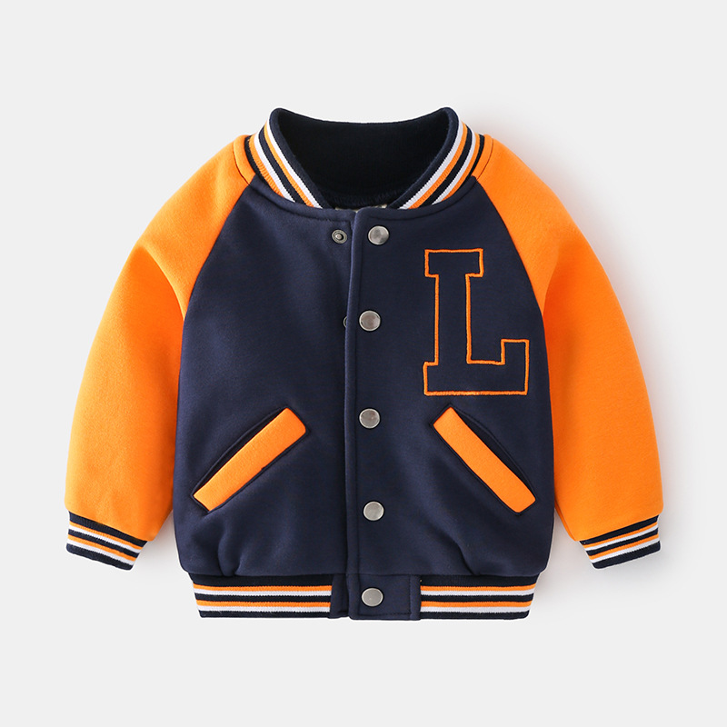 Round Collar Splicing Long Sleeve Middle School Children Baseball Jacket