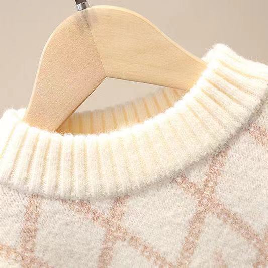 Padded Thickened Sweater Children'S Plaid Long-Sleeved Knitted Sweater