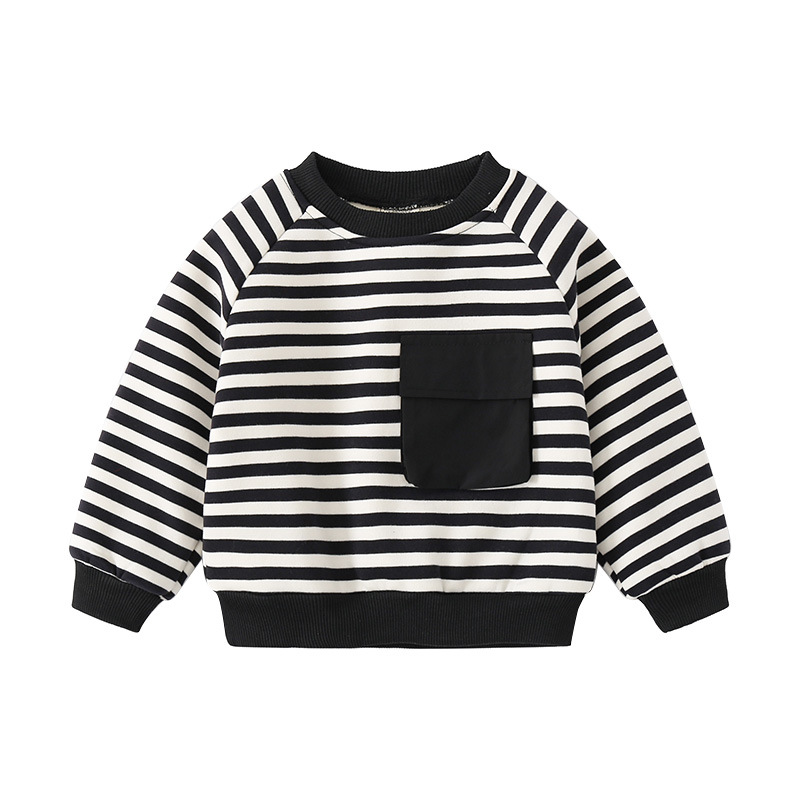 Black And White Striped Round Neck Pullover Sweatshirt
