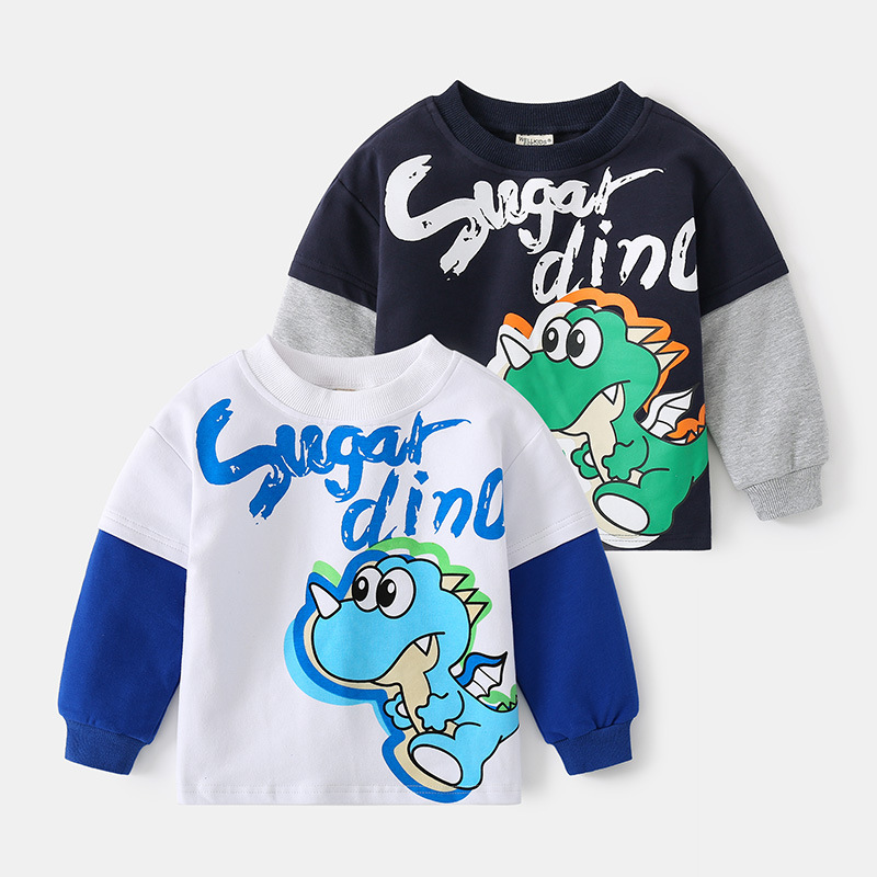 Fake Two Pieces Printed Cartoon Dinosaur Sweatshirt