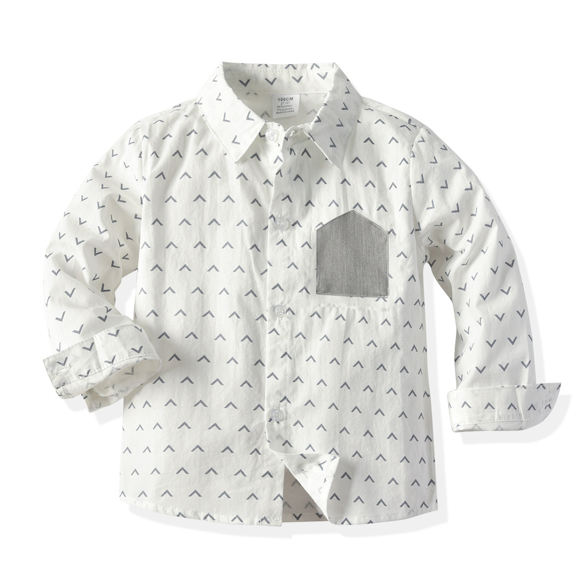 V-Printed Long-Sleeved Cotton Lapel Shirt