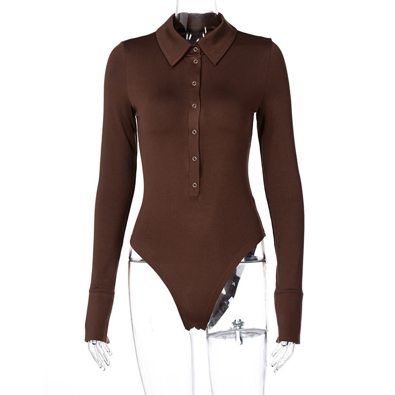 Sexy Button Lapel Long-Sleeved Jumpsuit