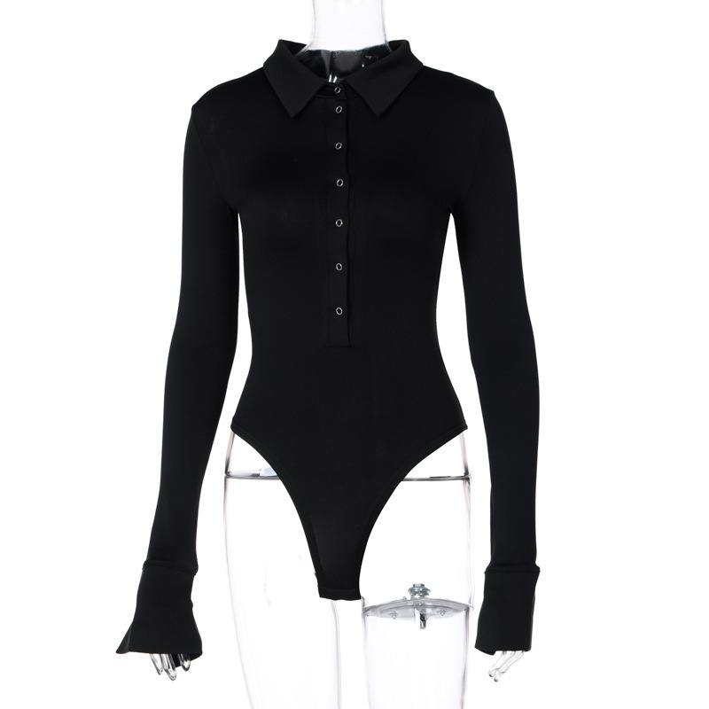 Sexy Button Lapel Long-Sleeved Jumpsuit