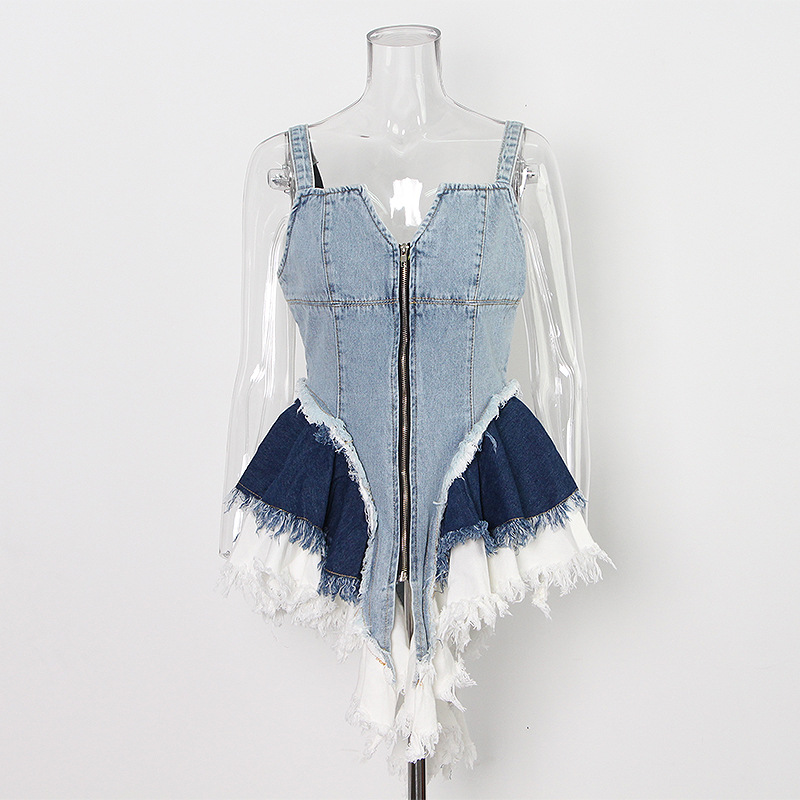 Cowboy Zipper Hem Irregular Waist Dress
