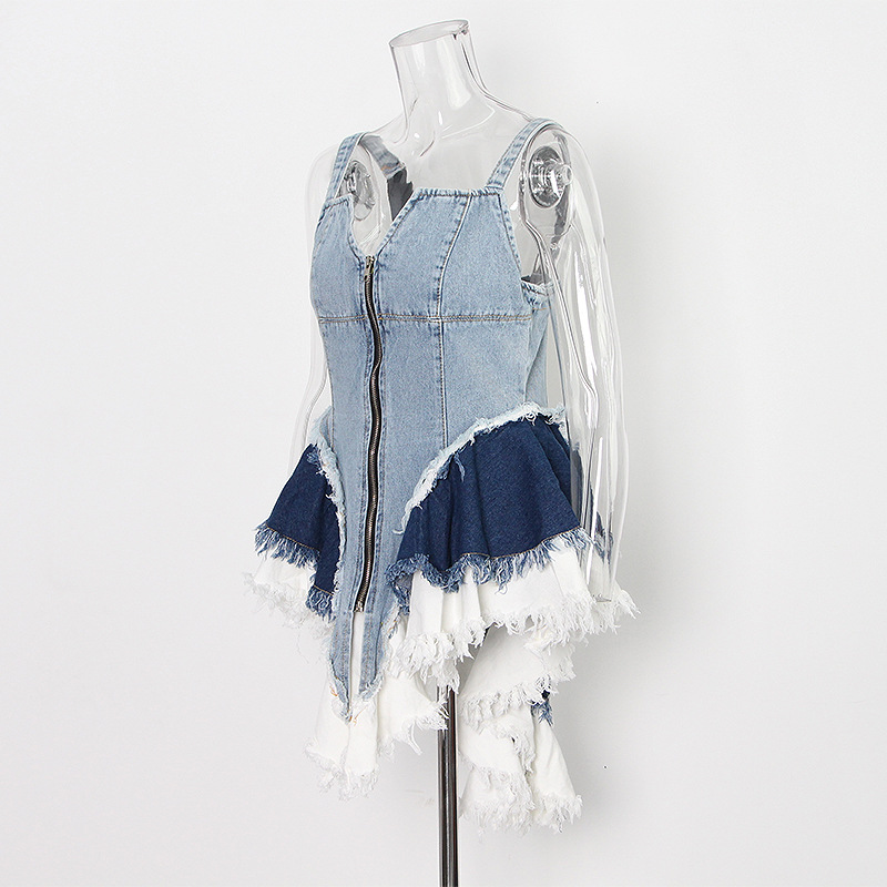 Cowboy Zipper Hem Irregular Waist Dress