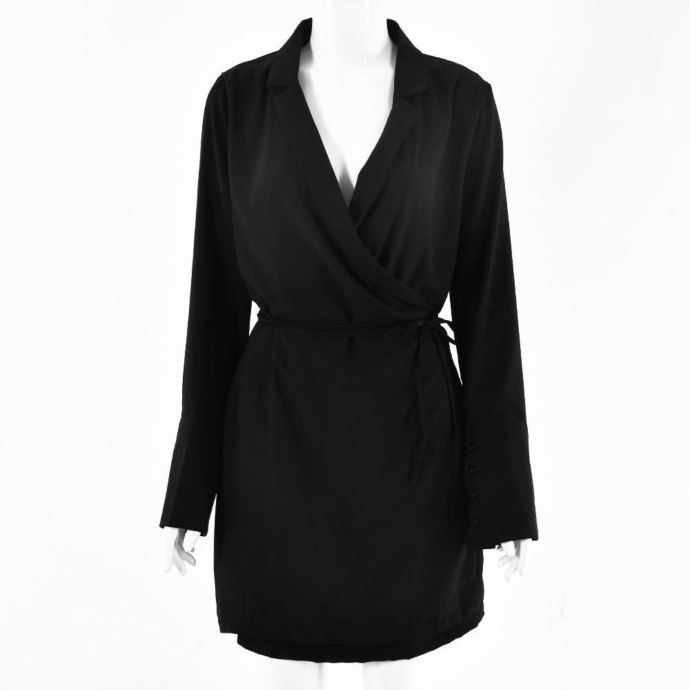 Deep V Long-Sleeved Waist Mini Blazer Dresses