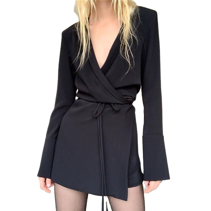 Deep V Long-Sleeved Waist Mini Blazer Dresses