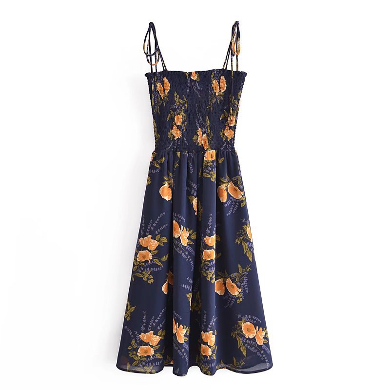 Halter Elastic Pleated Lined Smocked Printed Dress