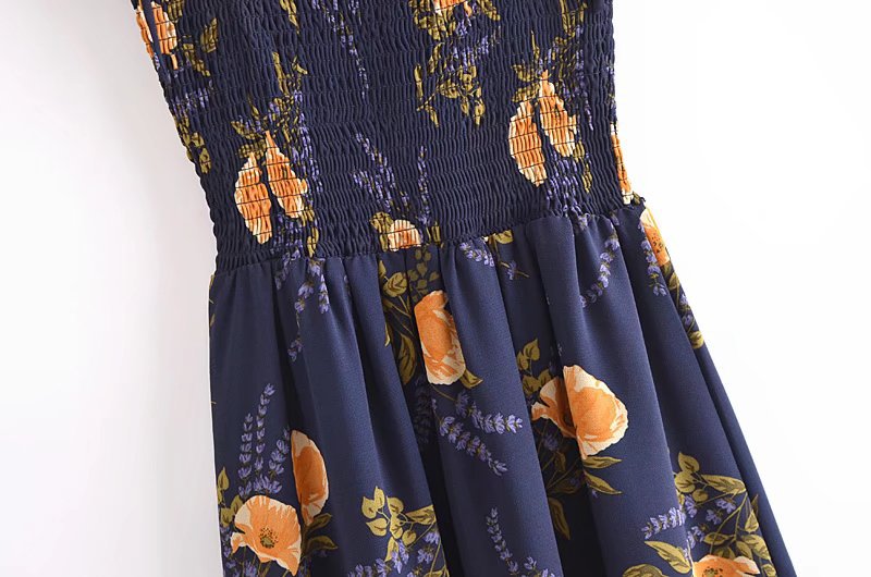 Halter Elastic Pleated Lined Smocked Printed Dress