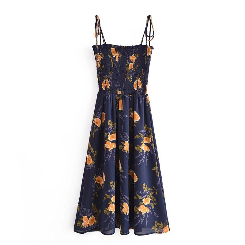 Halter Elastic Pleated Lined Smocked Printed Dress