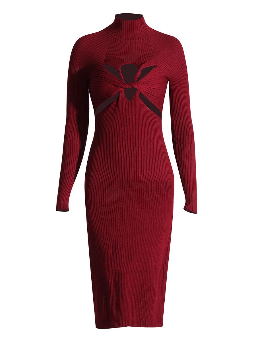 High Neck Long Sleeve Hollow Knit Dress