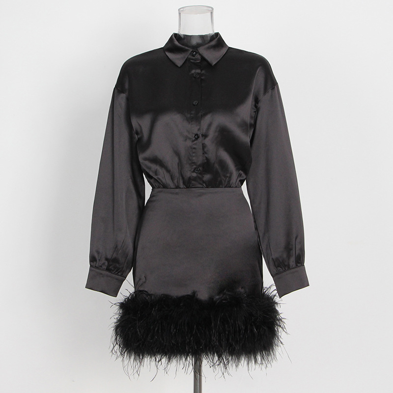 Long Sleeve Solid Color Hem Feather Dress