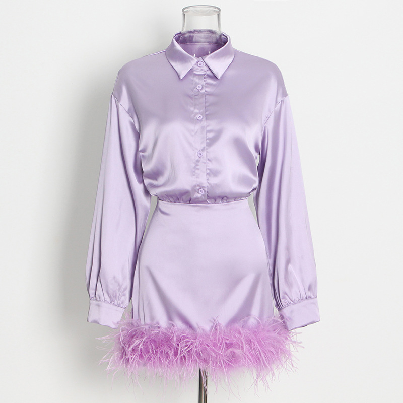 Long Sleeve Solid Color Hem Feather Dress