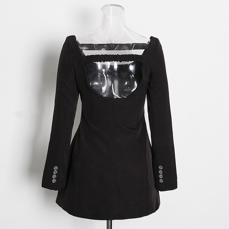 Low Neckline A Word Draw Pleated Long-Sleeved Short Dress