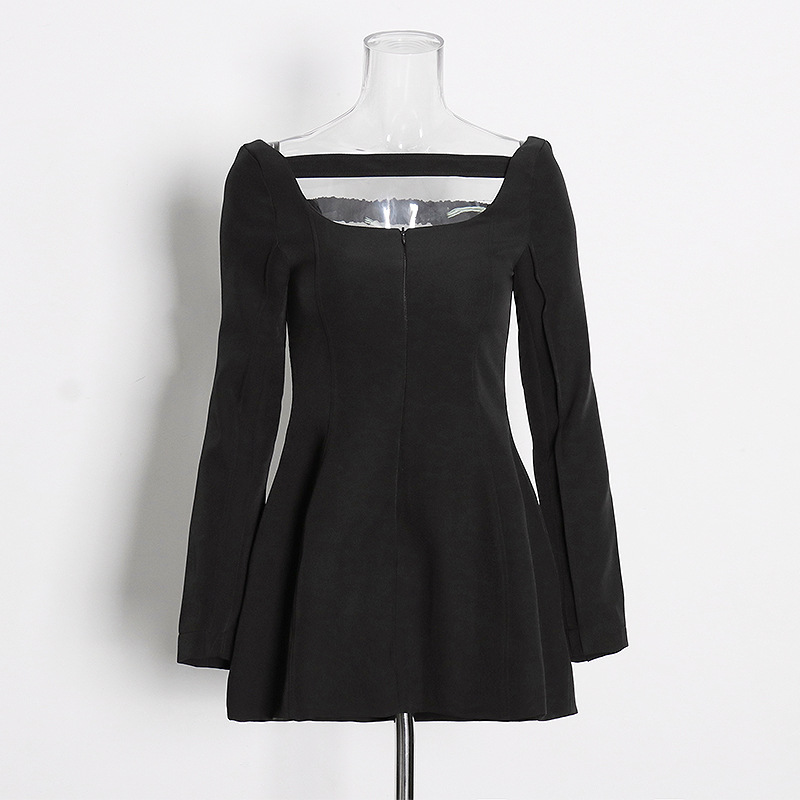 Low Neckline A Word Draw Pleated Long-Sleeved Short Dress