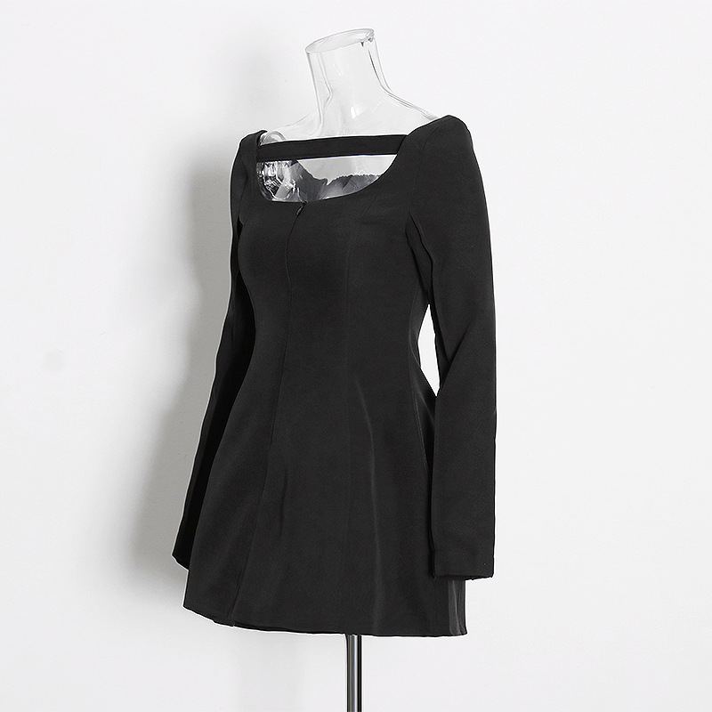 Low Neckline A Word Draw Pleated Long-Sleeved Short Dress