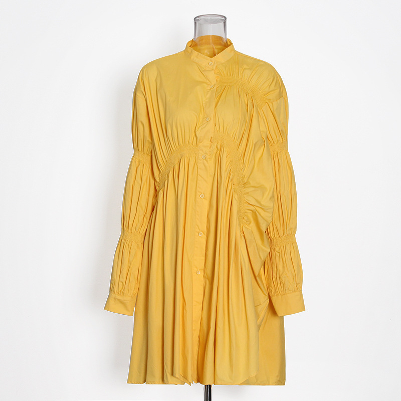 Pleated Hollow Temperament Standing Collar Shirt Dress