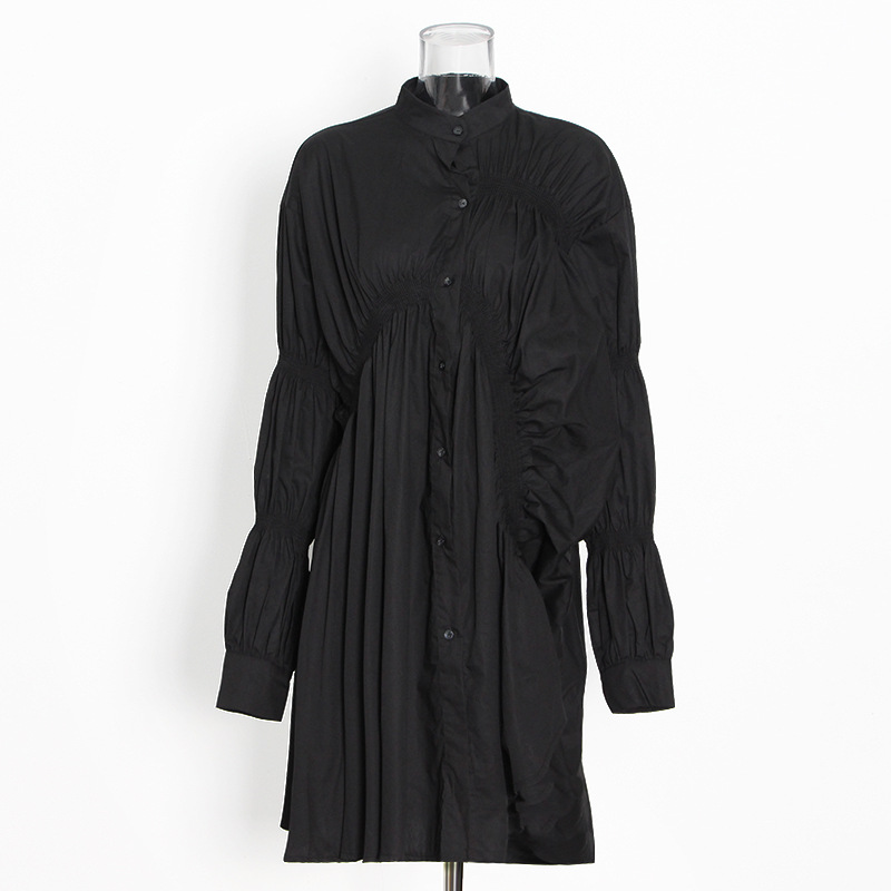 Pleated Hollow Temperament Standing Collar Shirt Dress