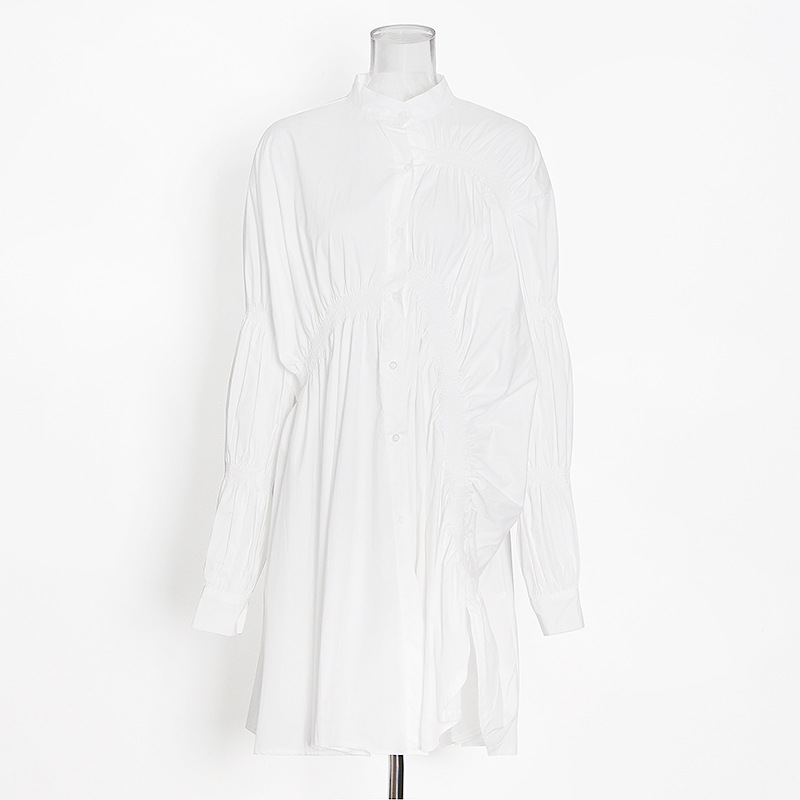 Pleated Hollow Temperament Standing Collar Shirt Dress