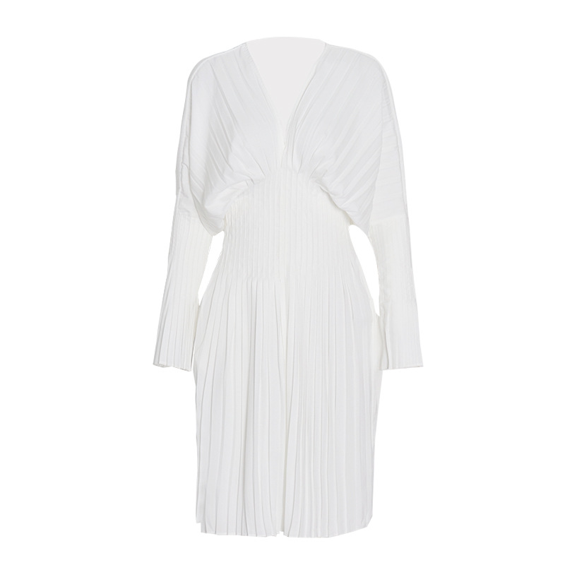 Pleated Waist-Skimming Deep V-Neck Print Dress