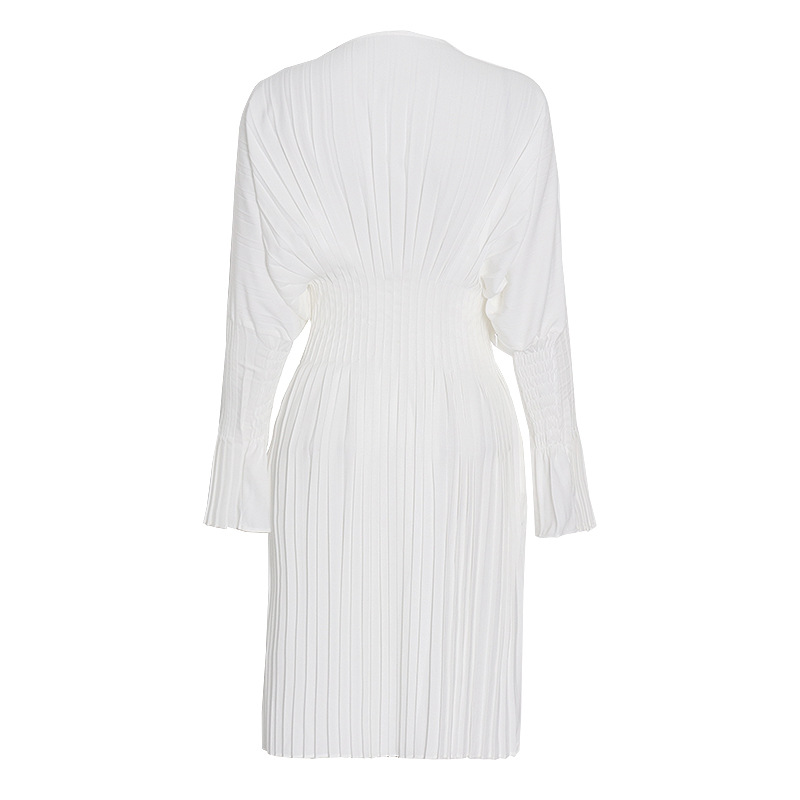 Pleated Waist-Skimming Deep V-Neck Print Dress