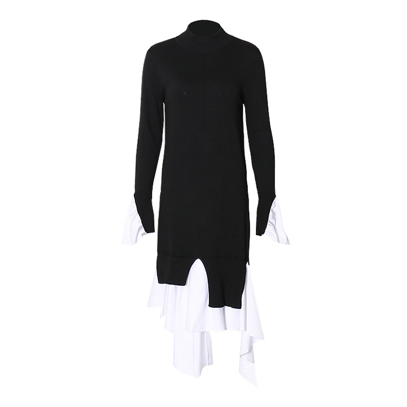Round Neck Flared Sleeve Irregular Mid-Length Knit Dress