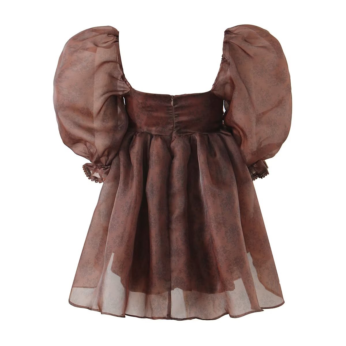 Square Neck Coffee Color Printed Lace Lace Organza Puff Dress