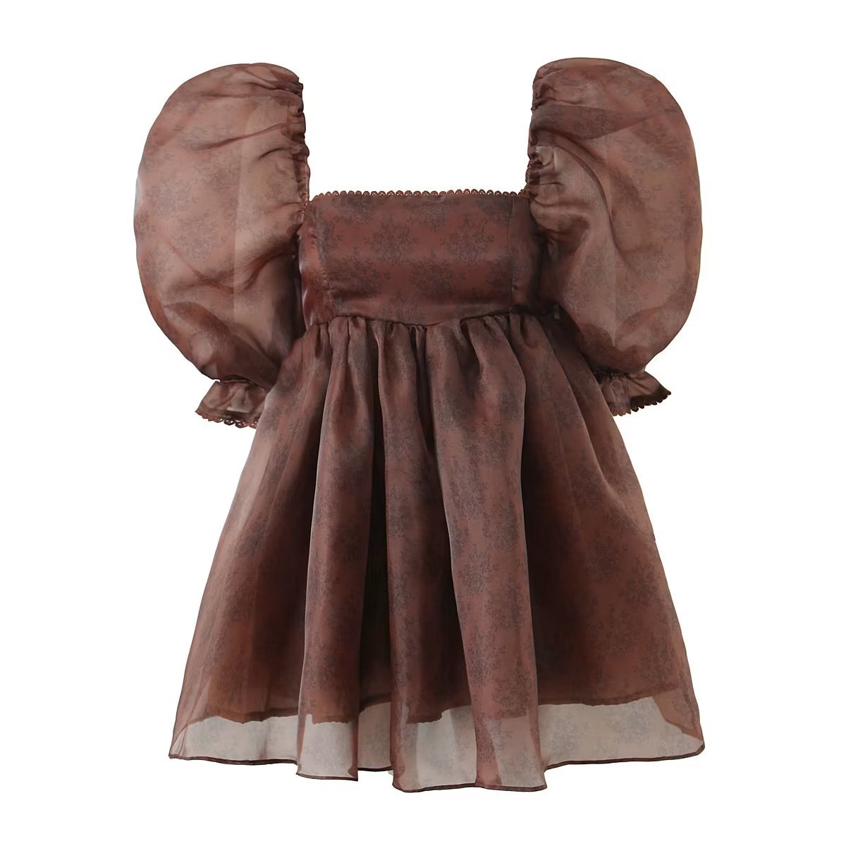 Square Neck Coffee Color Printed Lace Lace Organza Puff Dress