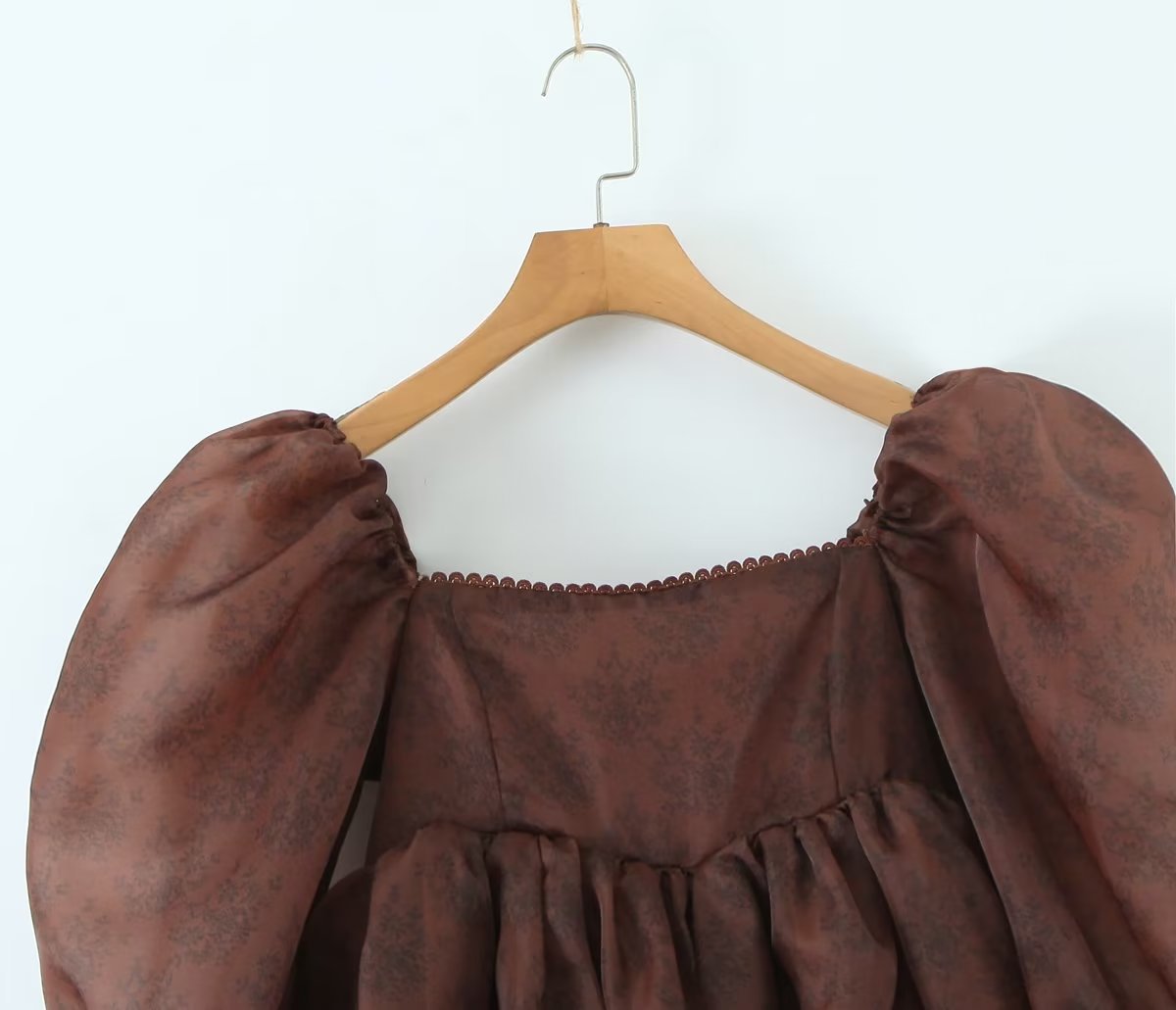 Square Neck Coffee Color Printed Lace Lace Organza Puff Dress