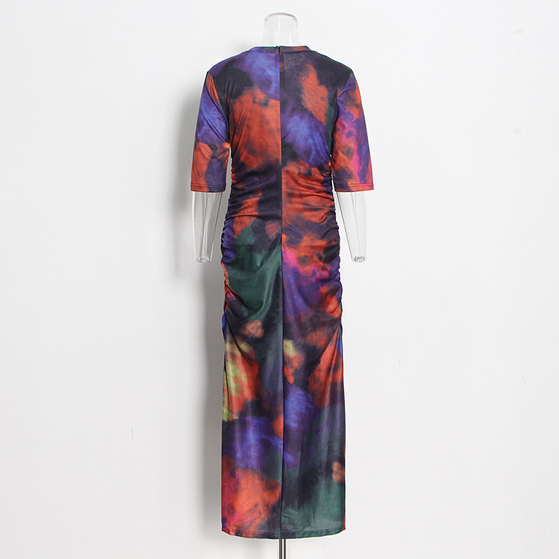 Tie-Dye Wrinkle Temperament Short-Sleeved Hip Dress