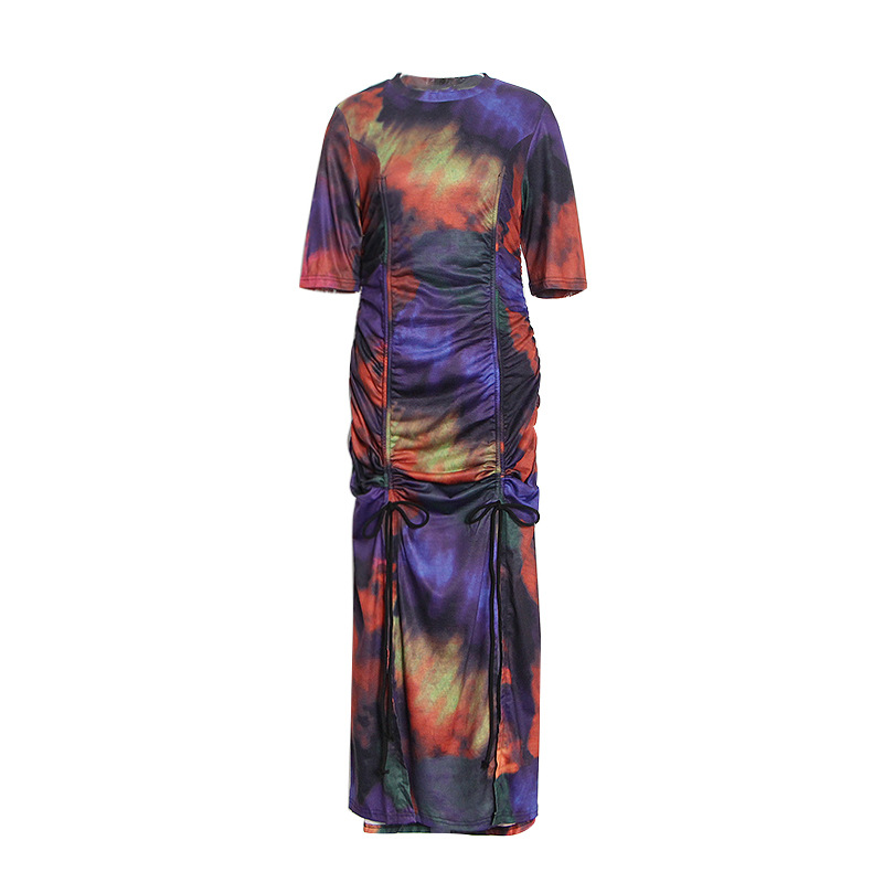 Tie-Dye Wrinkle Temperament Short-Sleeved Hip Dress
