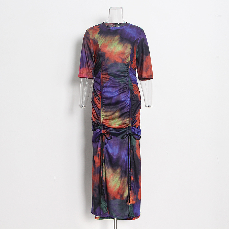 Tie-Dye Wrinkle Temperament Short-Sleeved Hip Dress