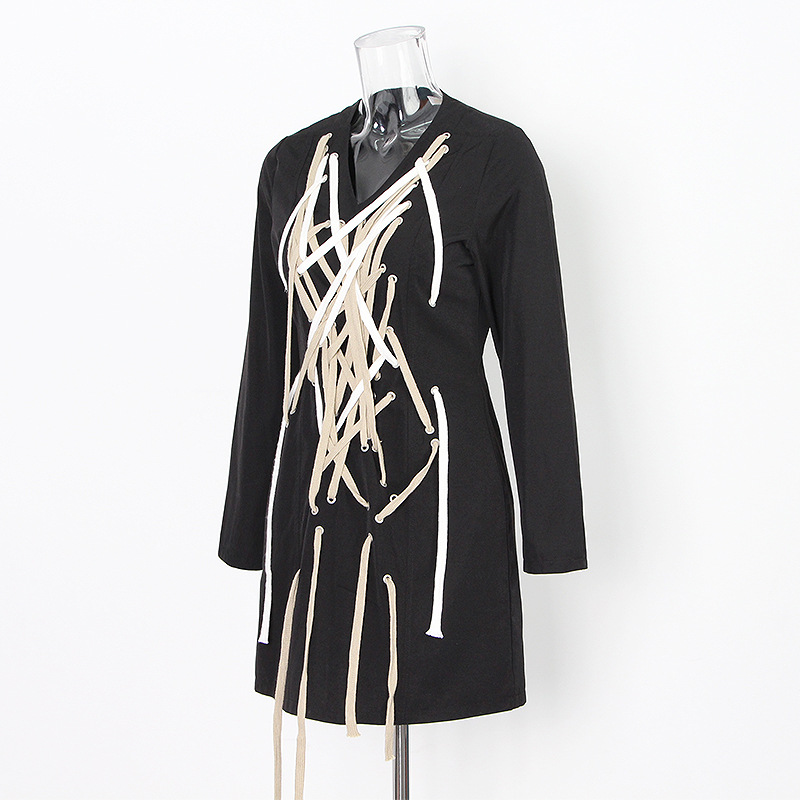 V-Neck Drawstring Straps Long Sleeve Short Dress