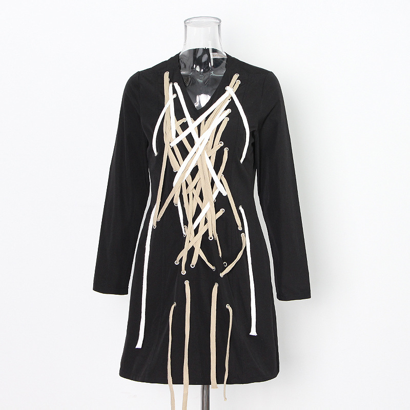 V-Neck Drawstring Straps Long Sleeve Short Dress