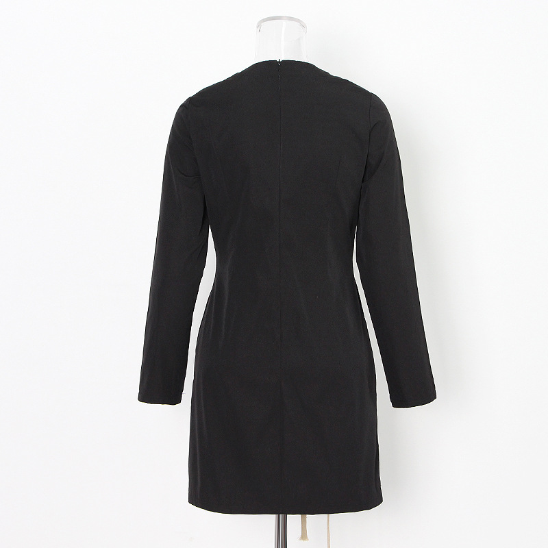 V-Neck Drawstring Straps Long Sleeve Short Dress