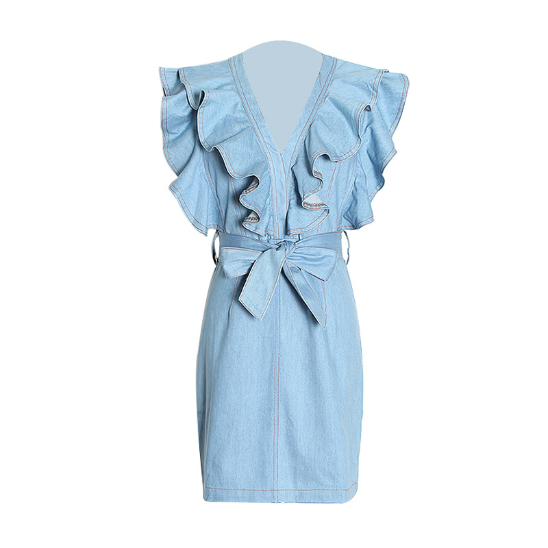 V-Neck Ruffle Sleeveless Denim Dress