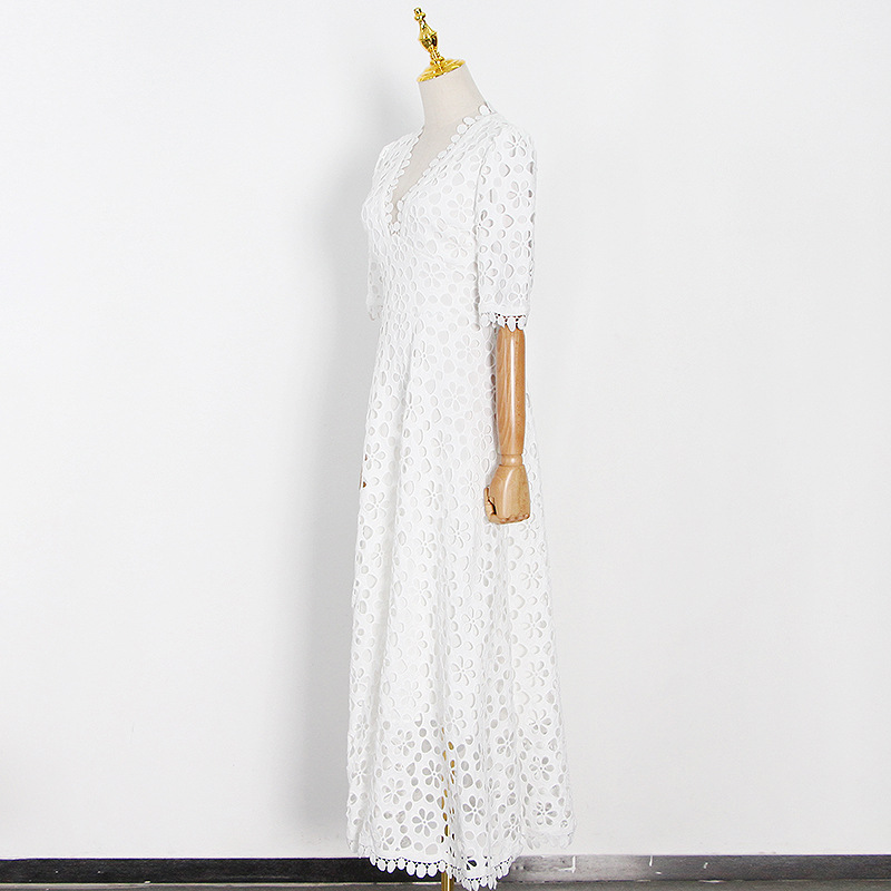V-Neck Waist Hook Hollow French Solid Color Hem Dress