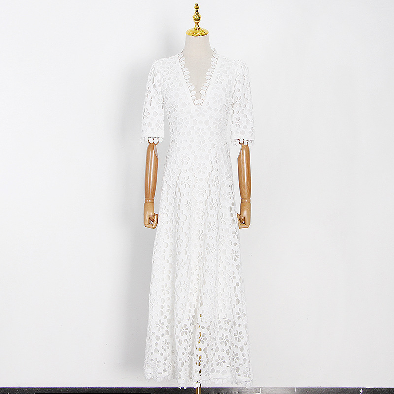 V-Neck Waist Hook Hollow French Solid Color Hem Dress