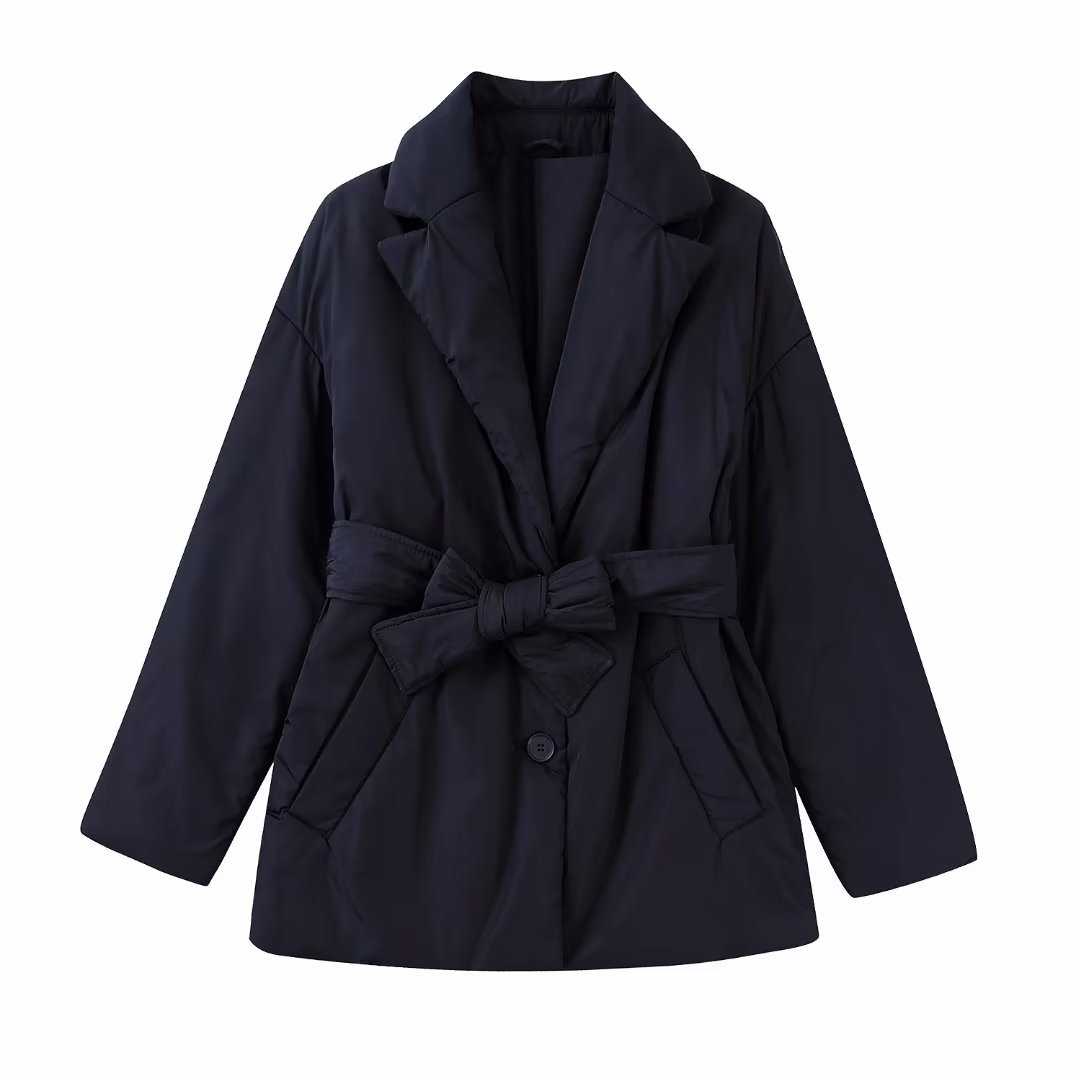 Belt Decorated Cotton Jacket Warm Blazer Collar Jacket