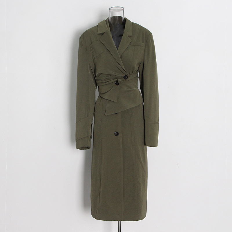 Detachable Single-Breasted Waist-Tie Green Jacket