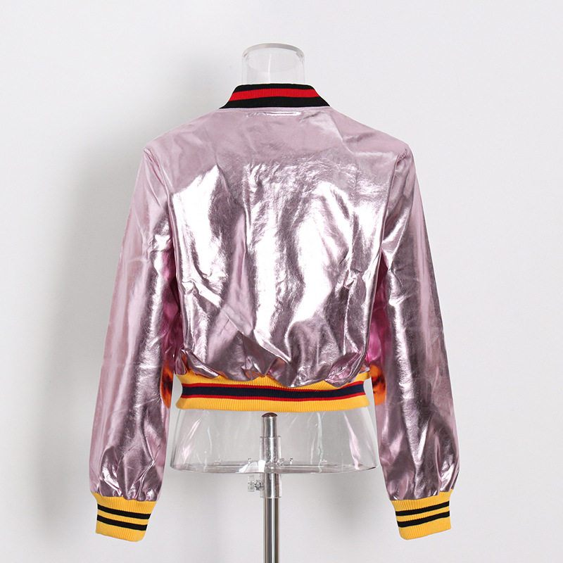 Embroidered Flowers Collision Color Pu Leather Short Jacket