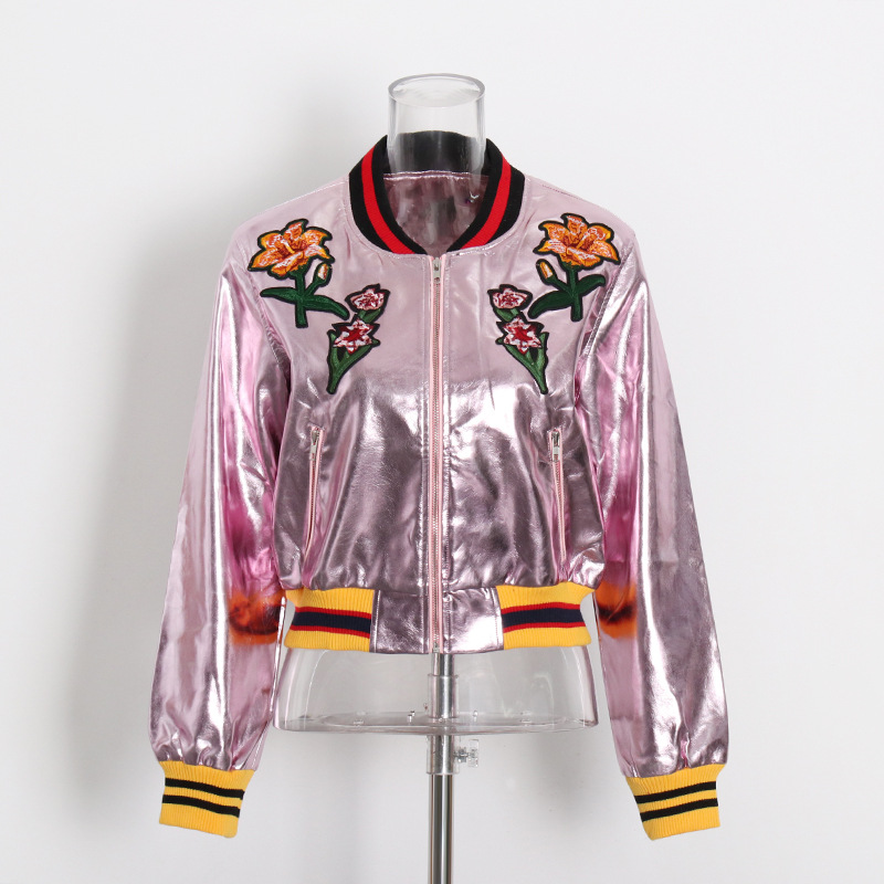 Embroidered Flowers Collision Color Pu Leather Short Jacket