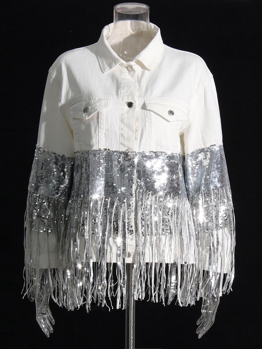 Heavy-Duty Sequin Tassel Denim Jacket