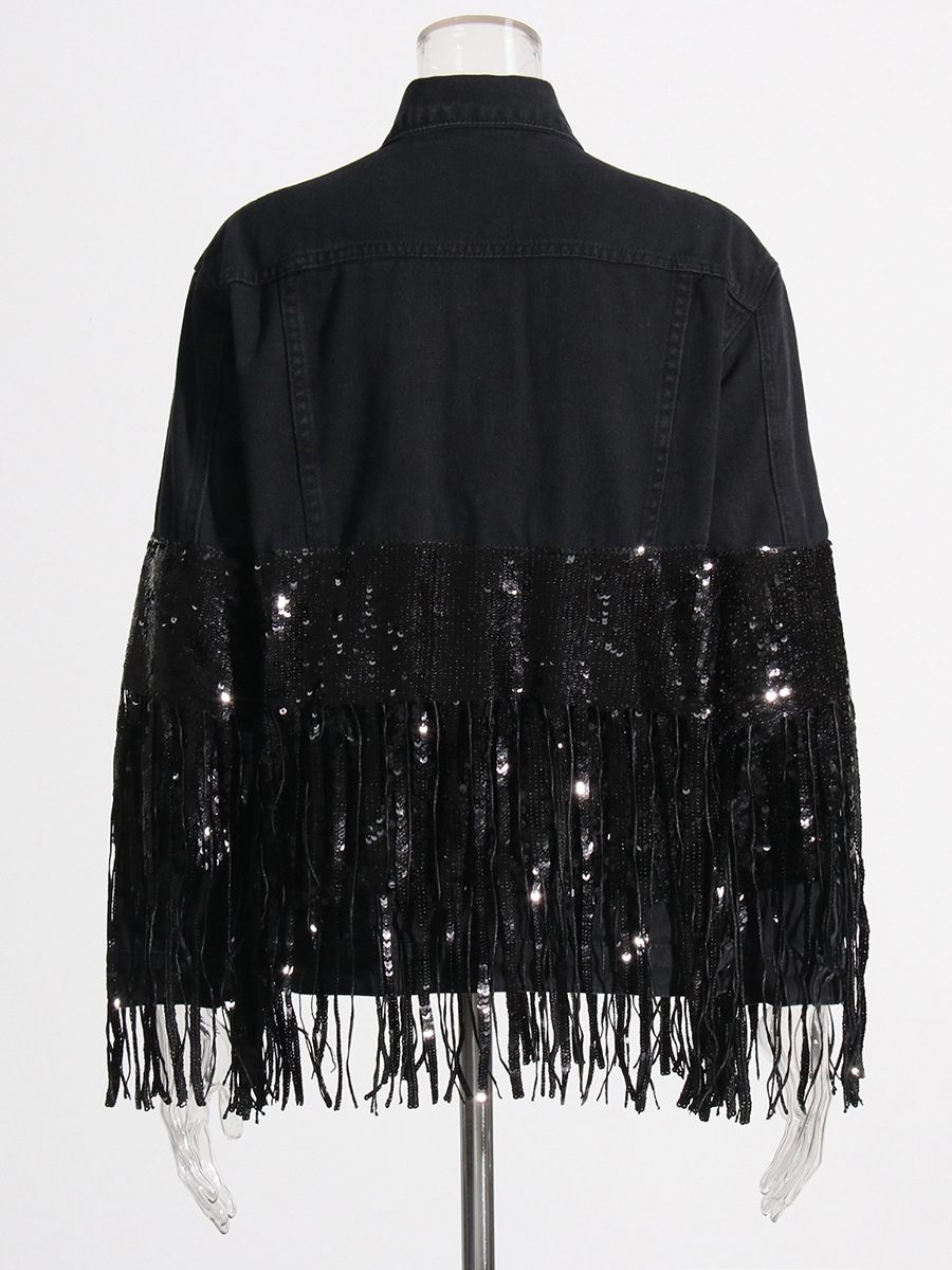 Heavy-Duty Sequin Tassel Denim Jacket