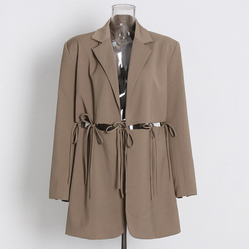Hollow Unbuttoned Tie Lapel Long Sleeve Solid Color Loose Suit